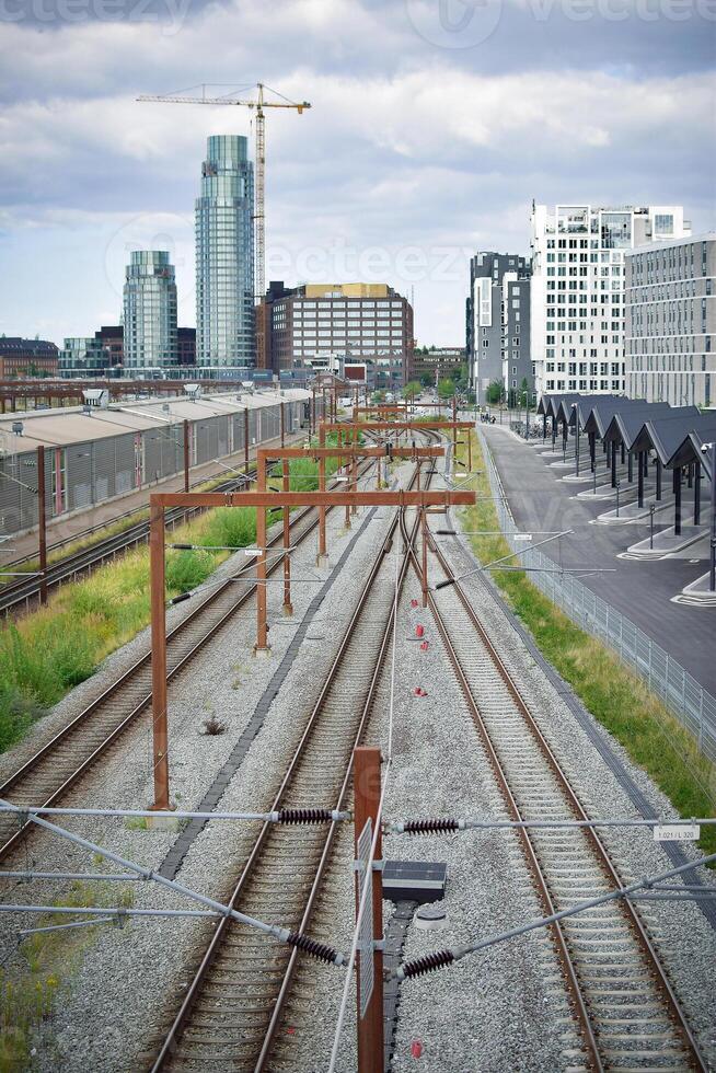 Copenhagen urban landscape with a railway and bus station. photo