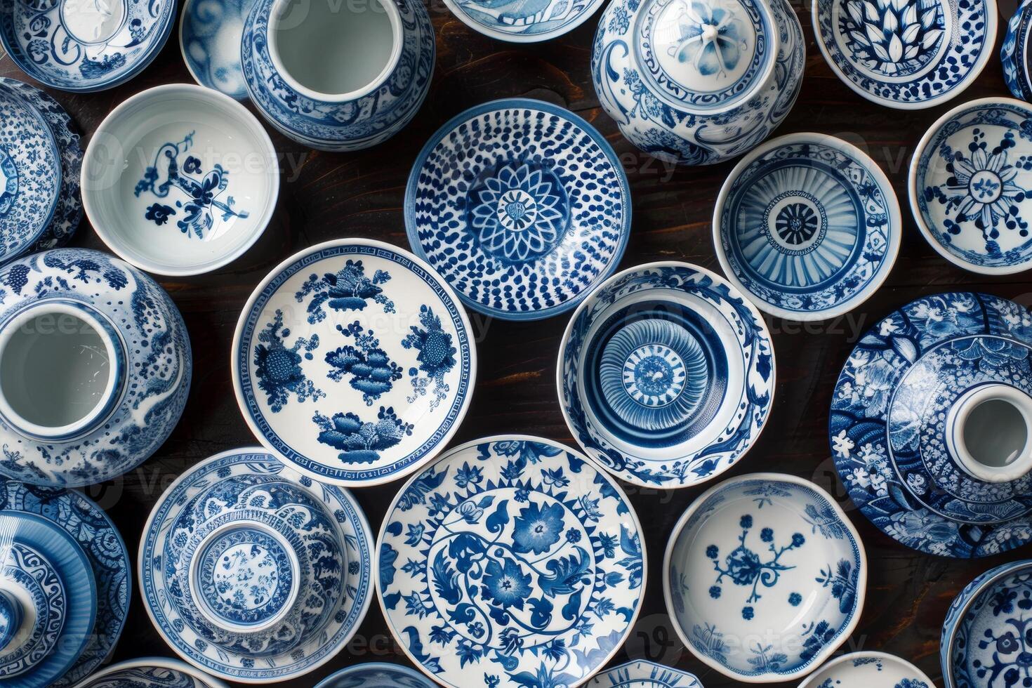 A top view reveals the elegance of blue and white porcelain tableware photo