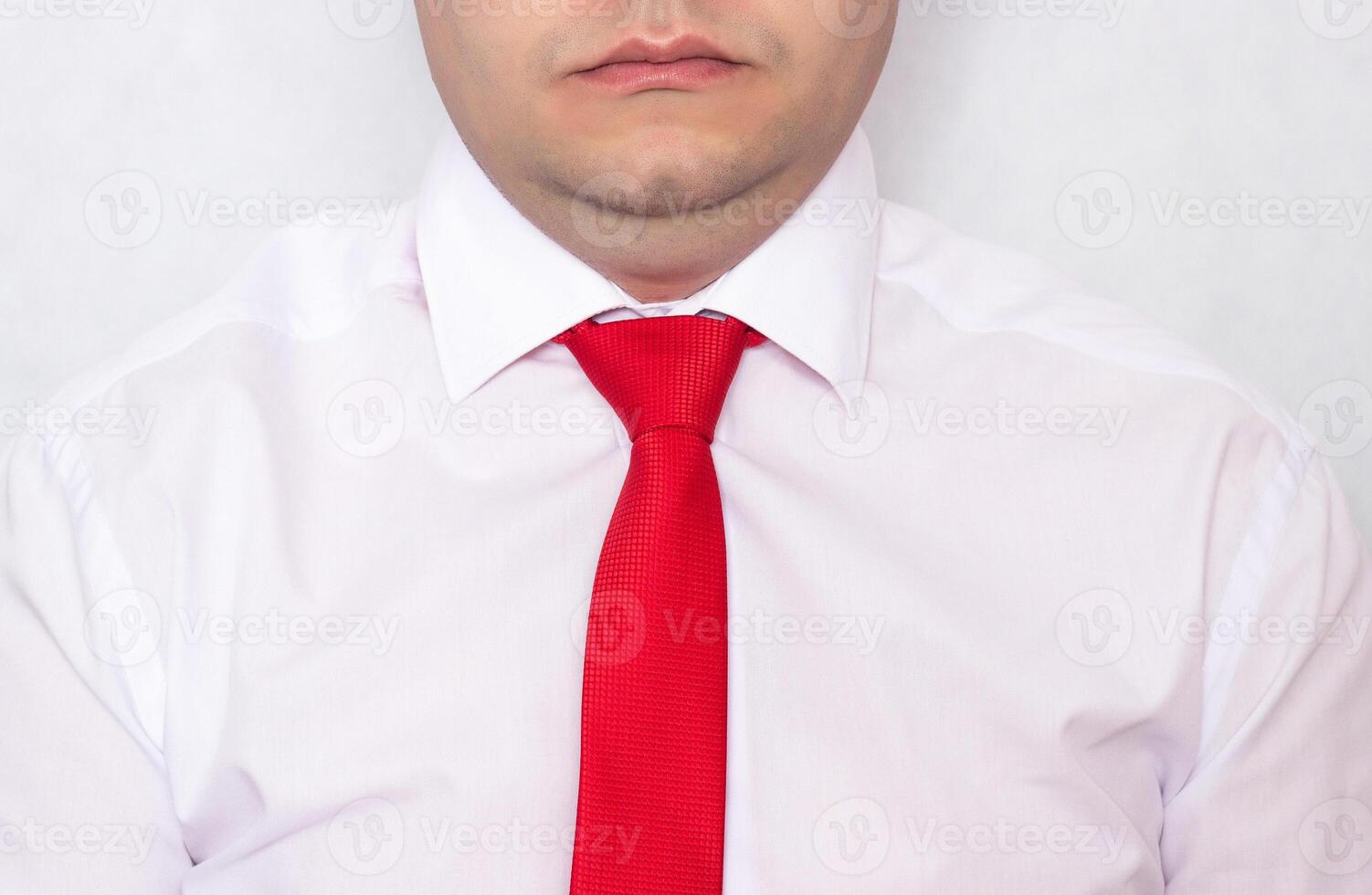 Office worker caucasian man with overweight in a tie with a problematic double chin on a white background, diet photo