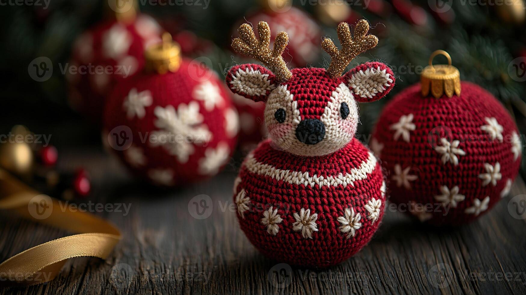A red and white christmas ornament with a reindeer photo