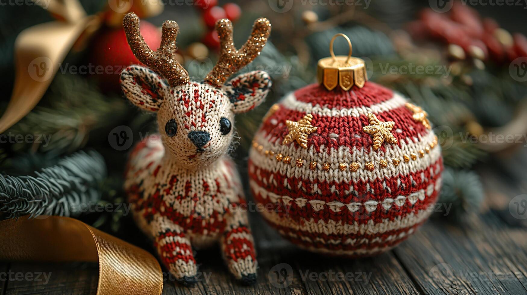 A knitted deer and christmas ornament on a wooden table photo