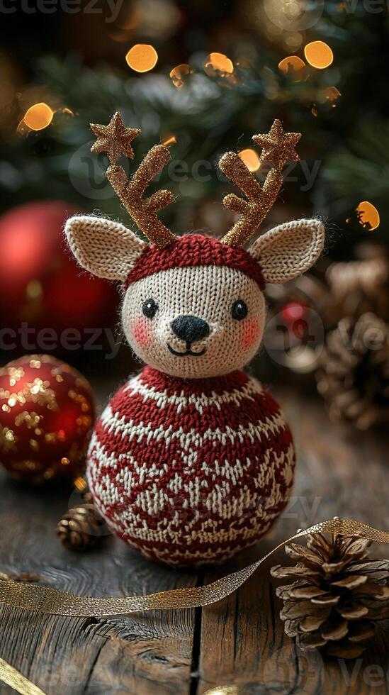 A knitted reindeer ornament on a wooden table photo