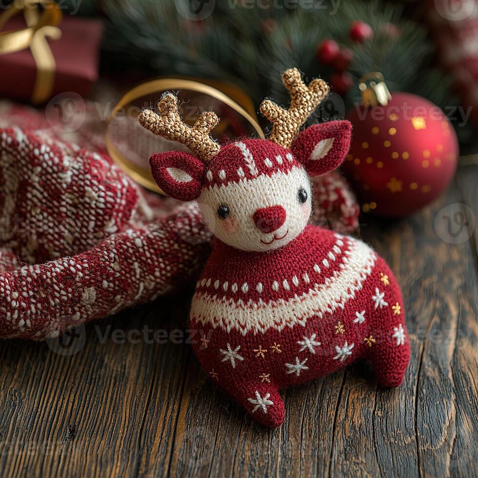 A knitted reindeer ornament on a wooden table photo