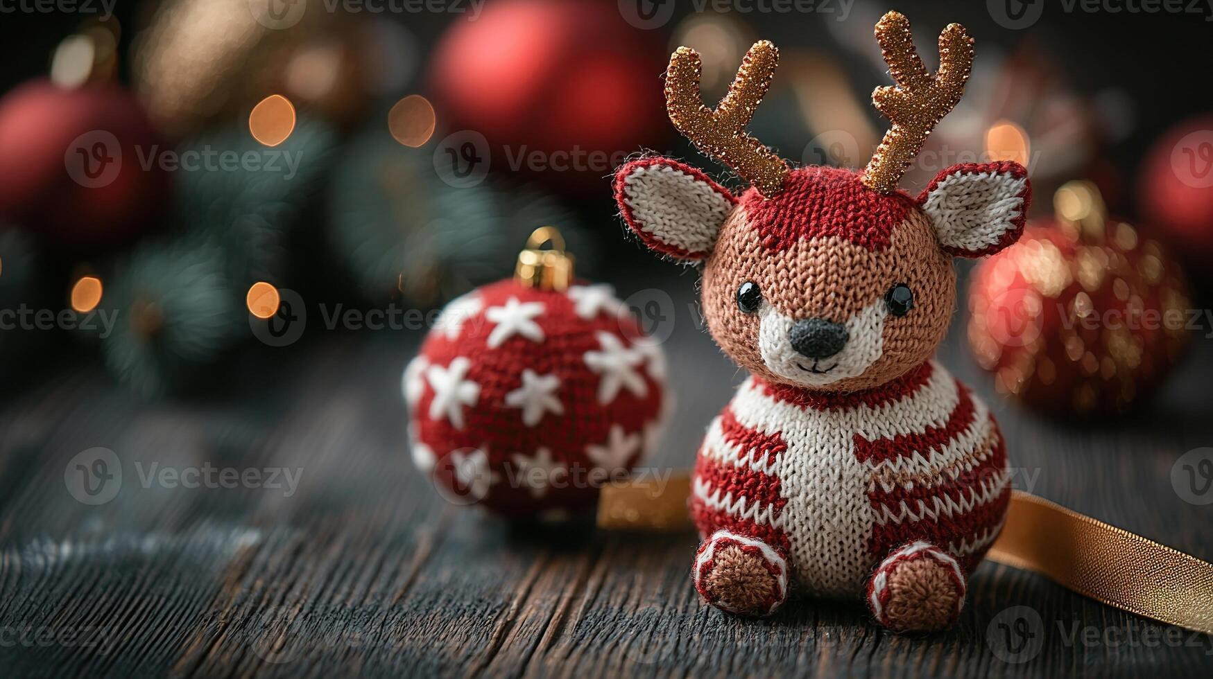 A knitted reindeer is sitting on a wooden table photo