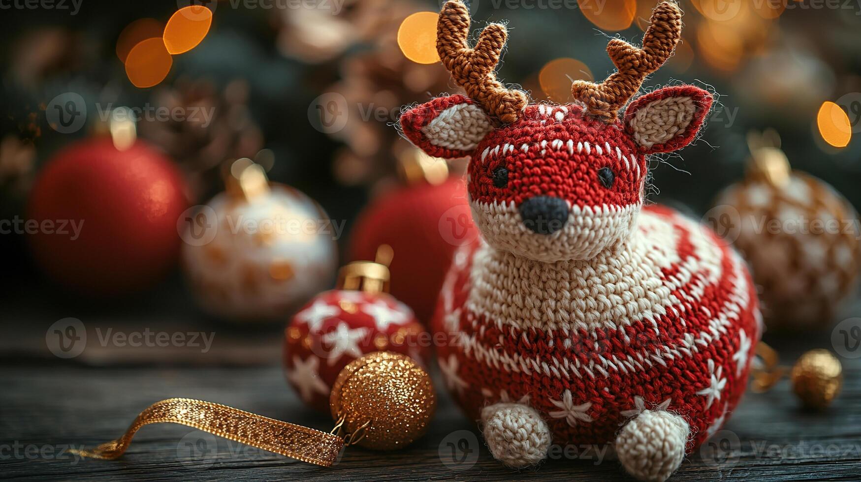 A knitted reindeer is sitting on a wooden table photo