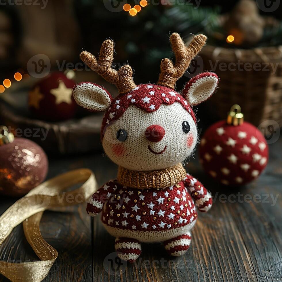 A knitted reindeer with a red scarf and a bow photo