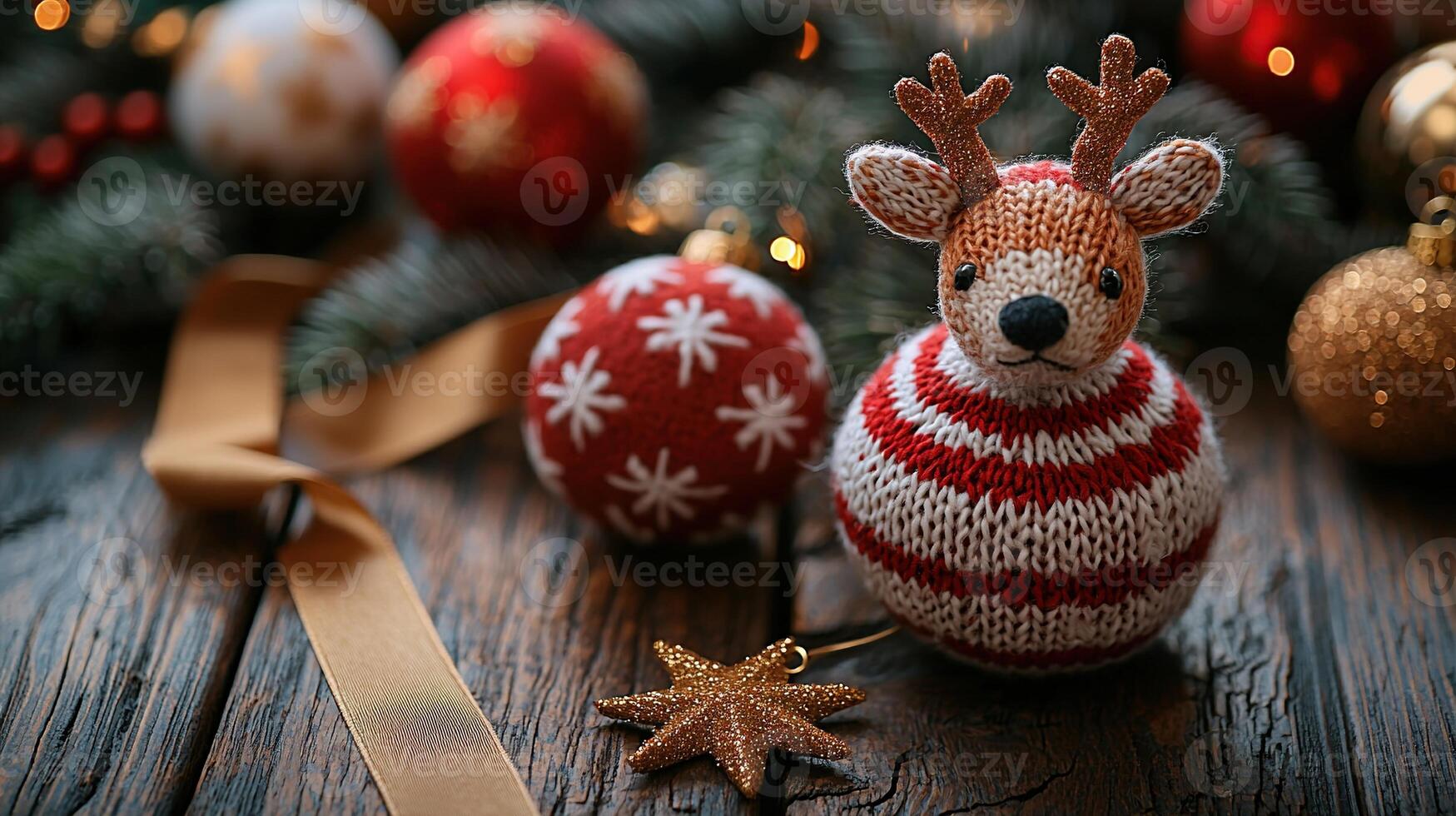 A knitted reindeer is sitting on a wooden table with christmas decorations photo