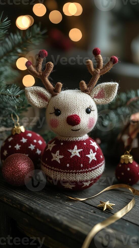 A knitted reindeer ornament on a wooden table photo