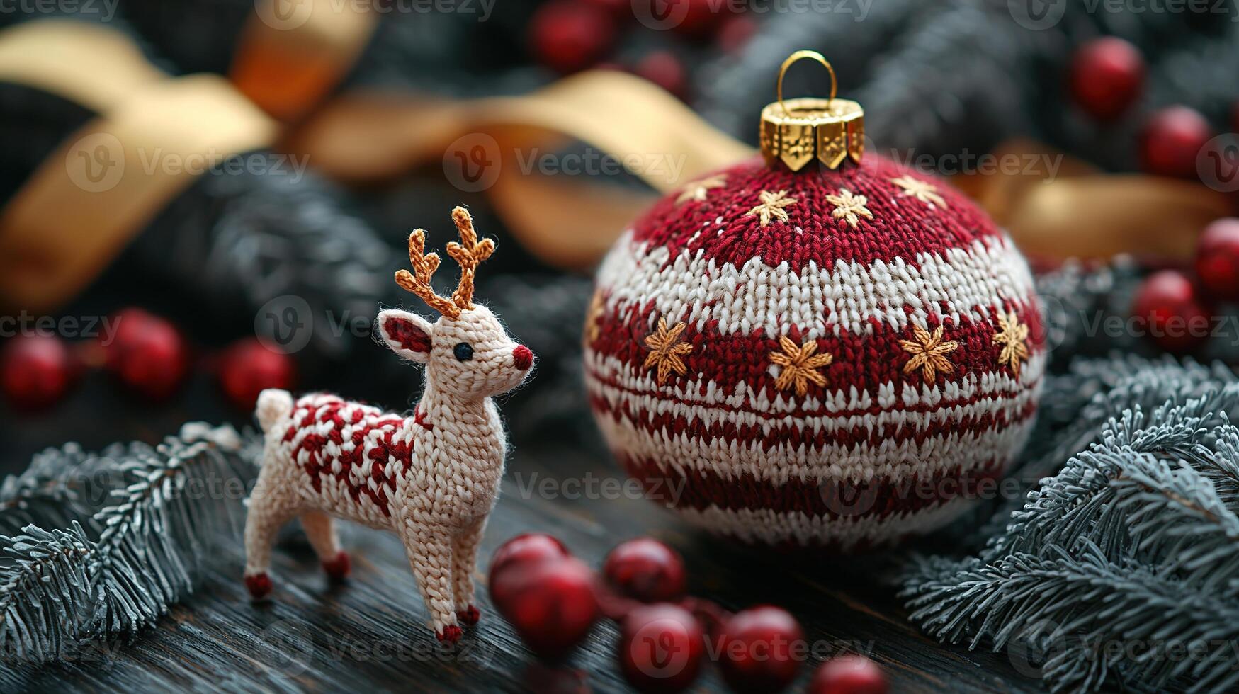 A knitted christmas ornament with a deer and red berries photo