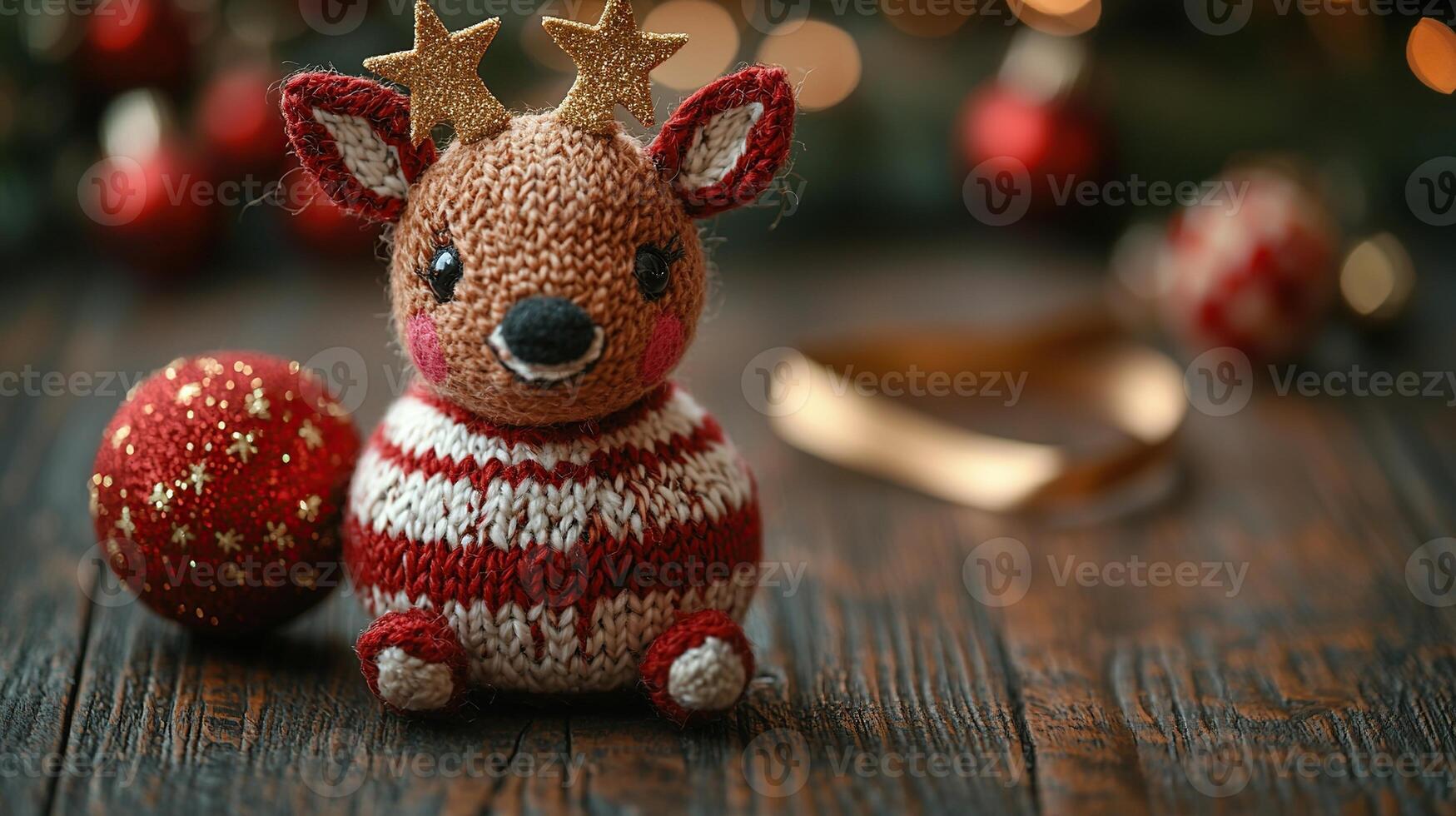 A small knitted reindeer is sitting on a wooden table photo