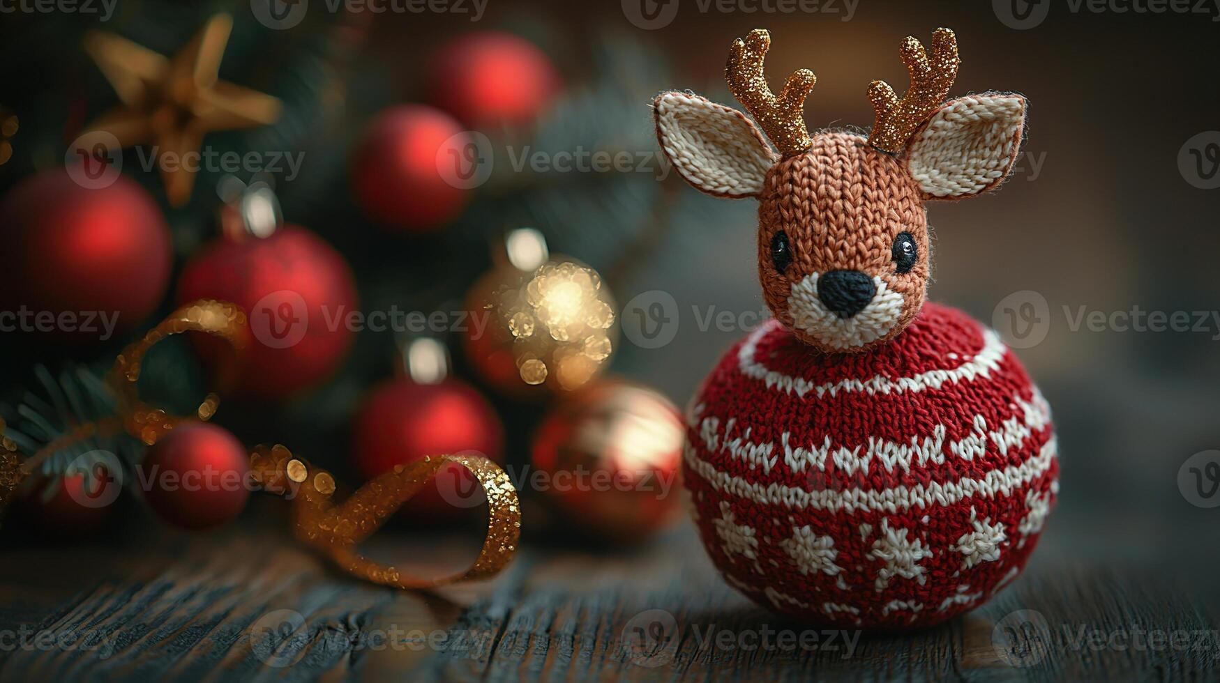 A knitted reindeer ornament on a wooden table photo