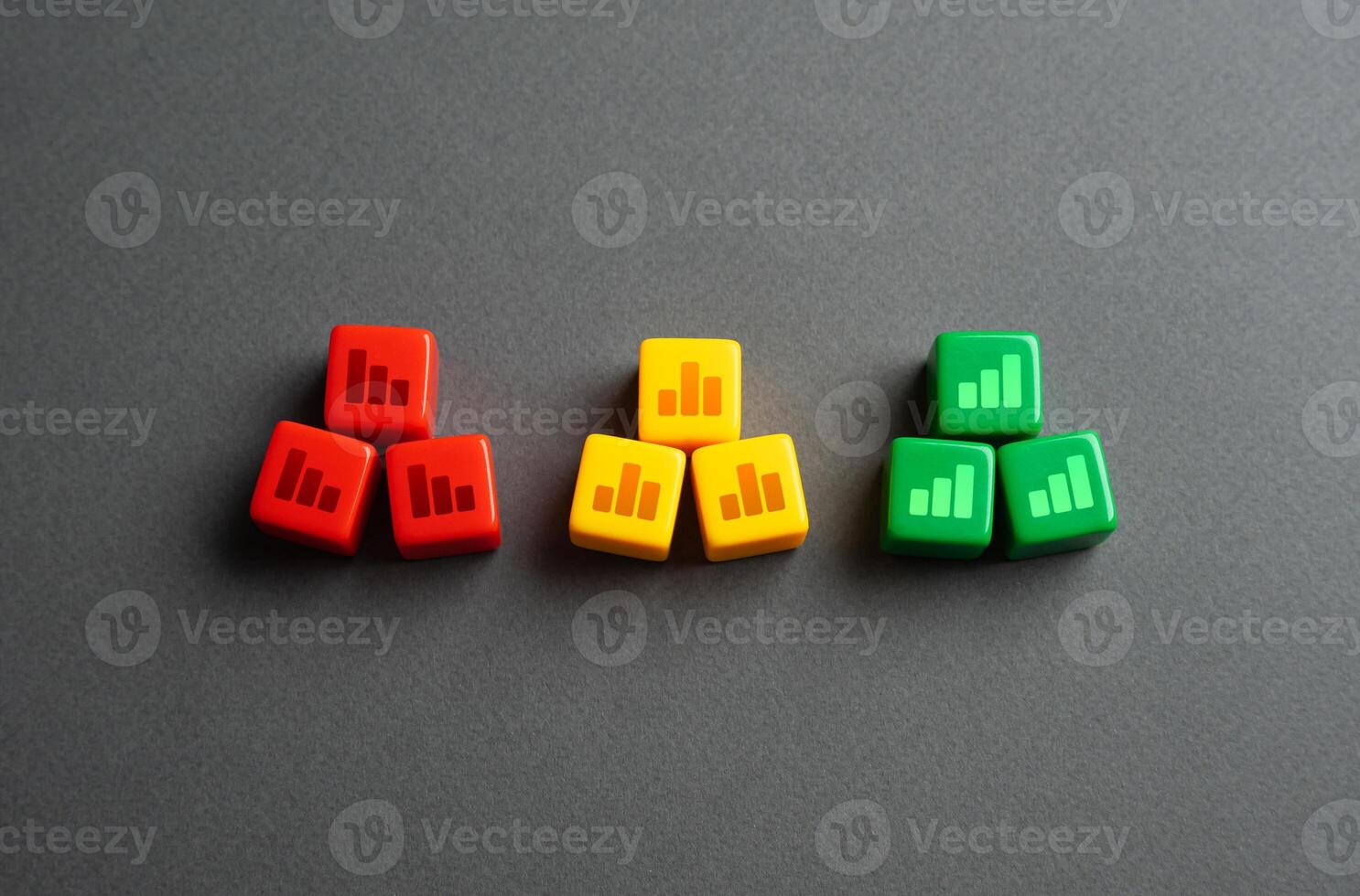 Bad, neutral and good economic indicators. Concept of various business cases. Successful and unsuccessful examples. Business models. Red, yellow and green blocks with graphs. photo