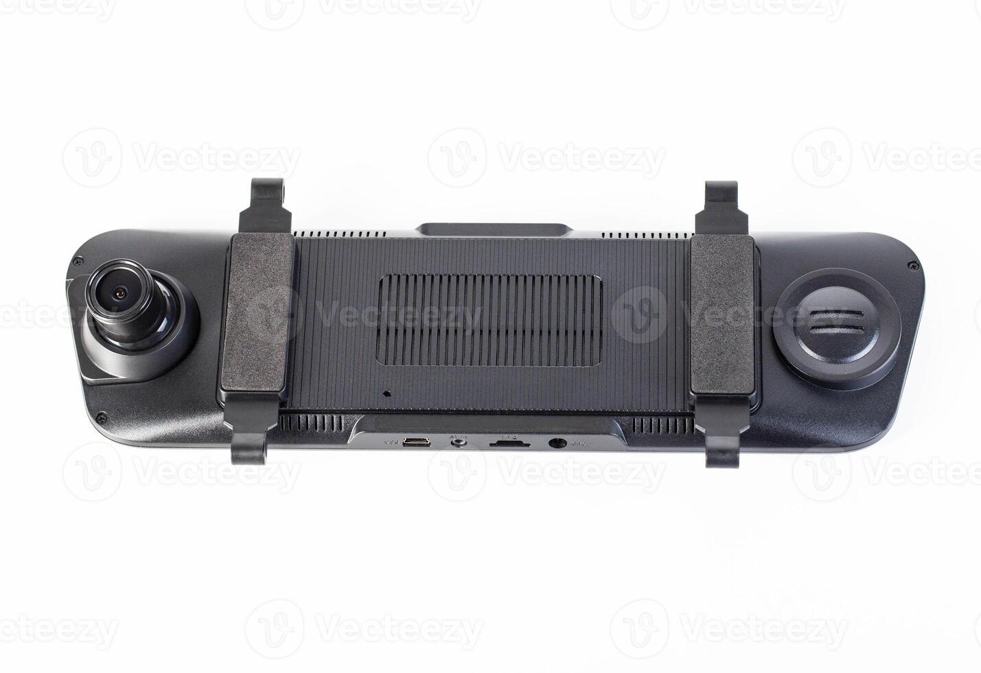 Car mirror with rear view camera and recorder on a white background, isolate, close-up photo