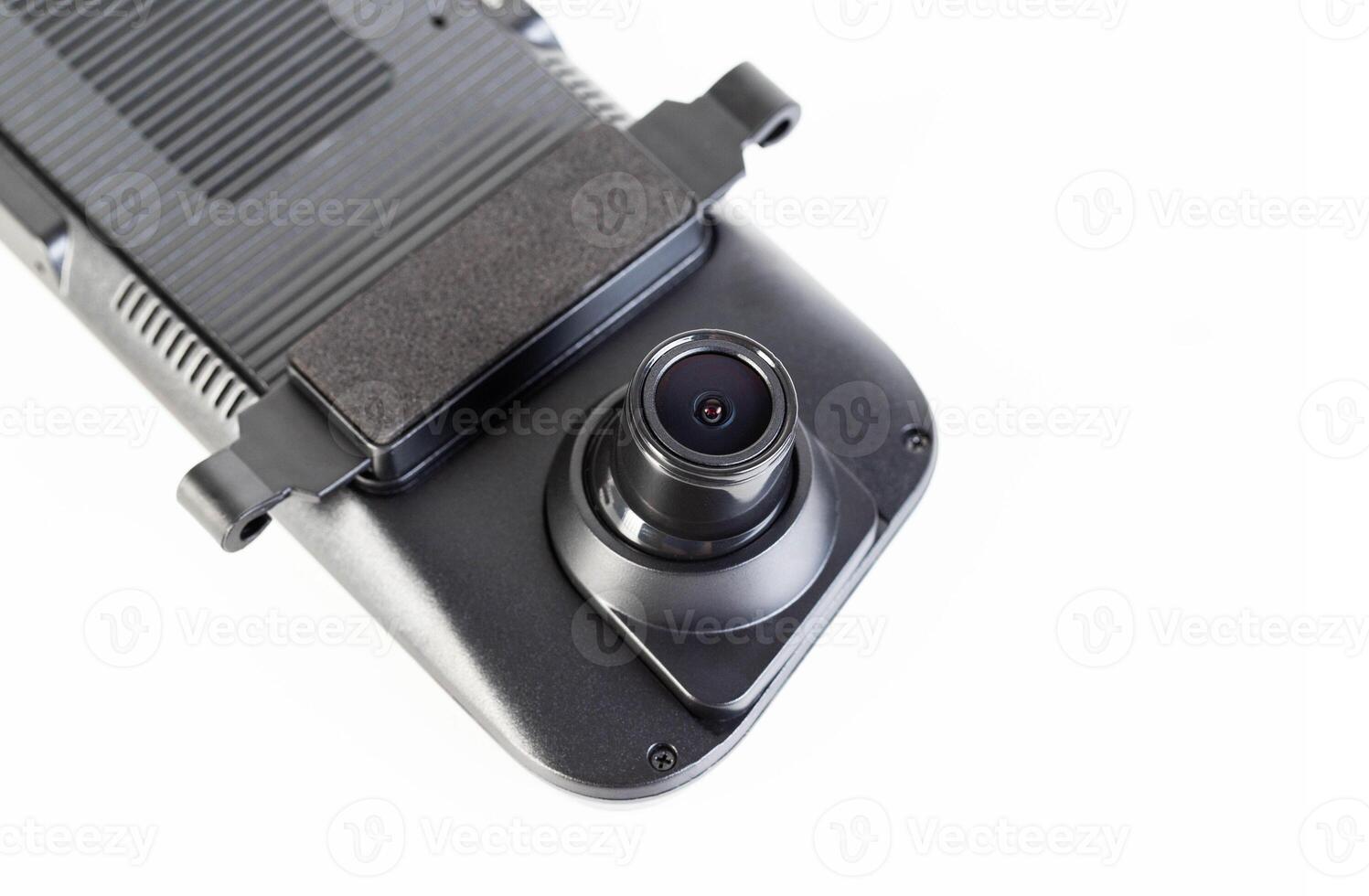 Car mirror with rear view camera and recorder on a white background, isolate, close-up photo