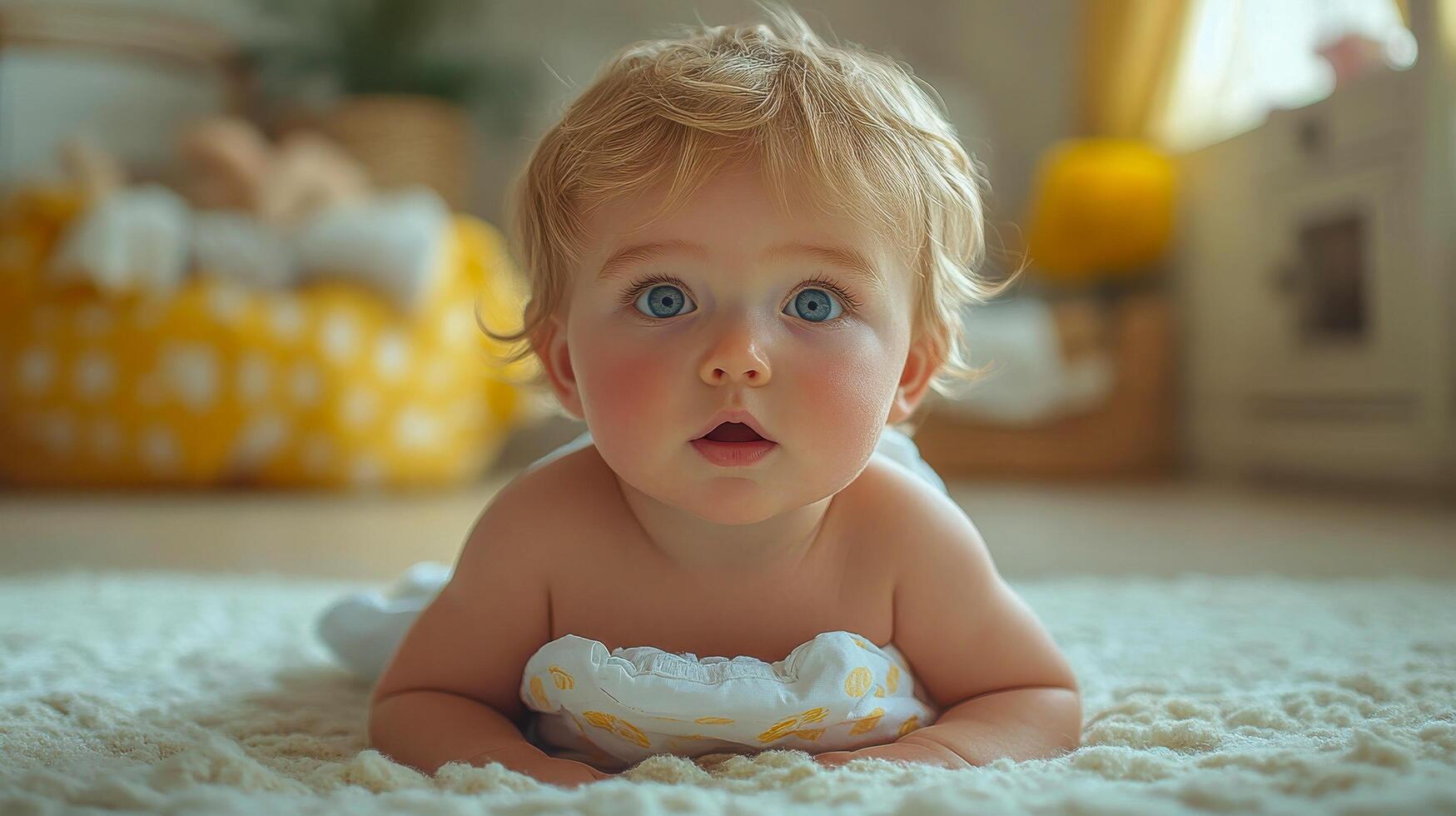 A baby laying on a white rug photo