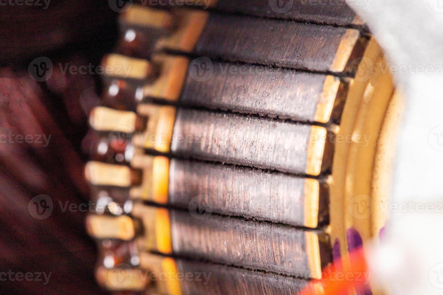 Copper electric motor rotor, commutator motor spare part, macro photo