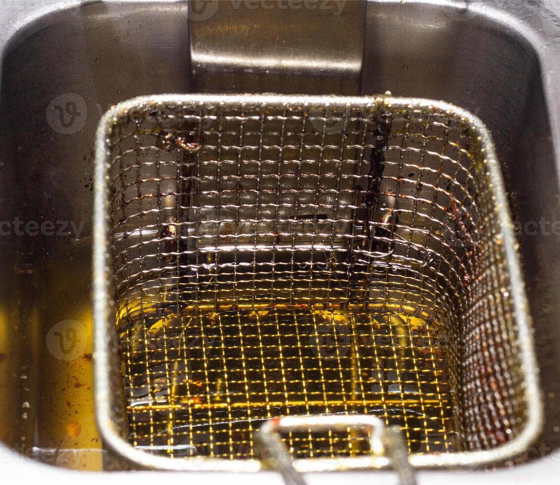 Deep fryer with used old oil, cholesterol, harm, junk food, close-up photo