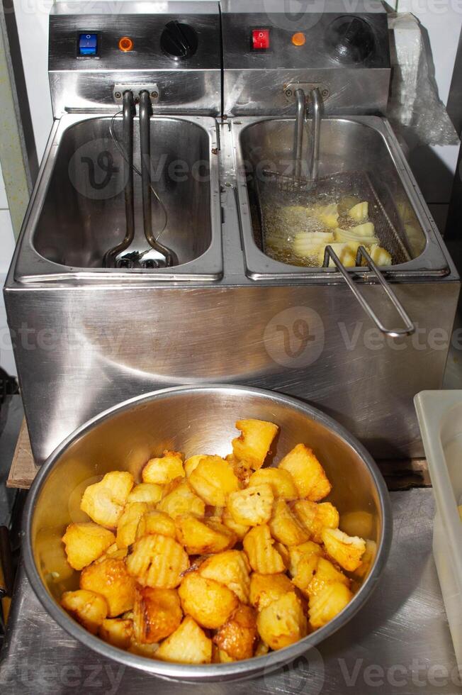 Deep fryer and fried potatoes with slices of rustic in a restaurant, kitchen photo