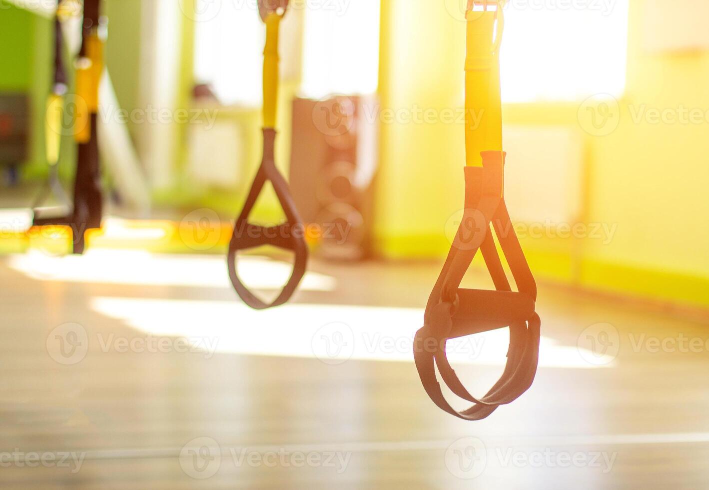 The modern form of fitness and sport loop TRX in the new gym, sunlight, copy space photo