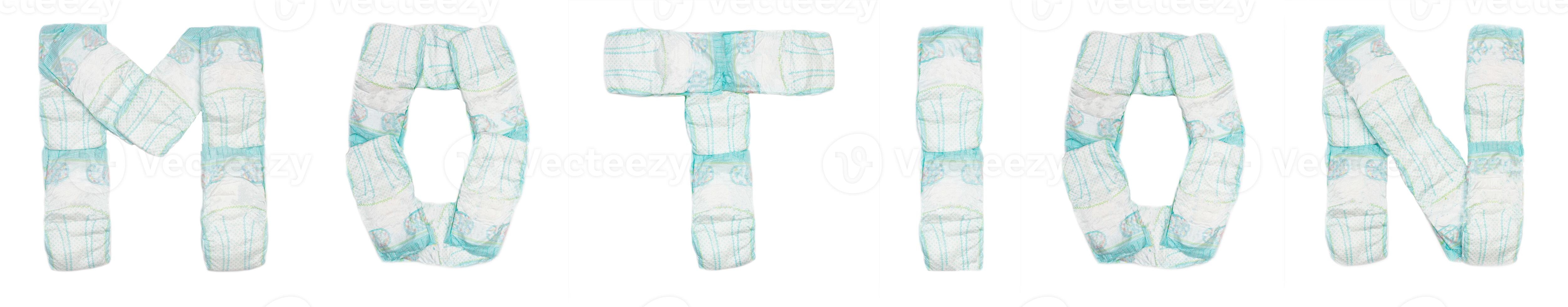 Word motion laid out baby diapers on a white background, isolate, napkin, inscription photo
