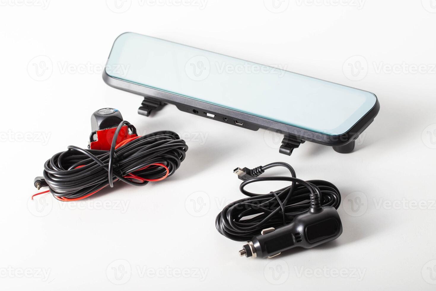 Car mirror with rear view camera and recorder on a white background, isolate, close-up photo