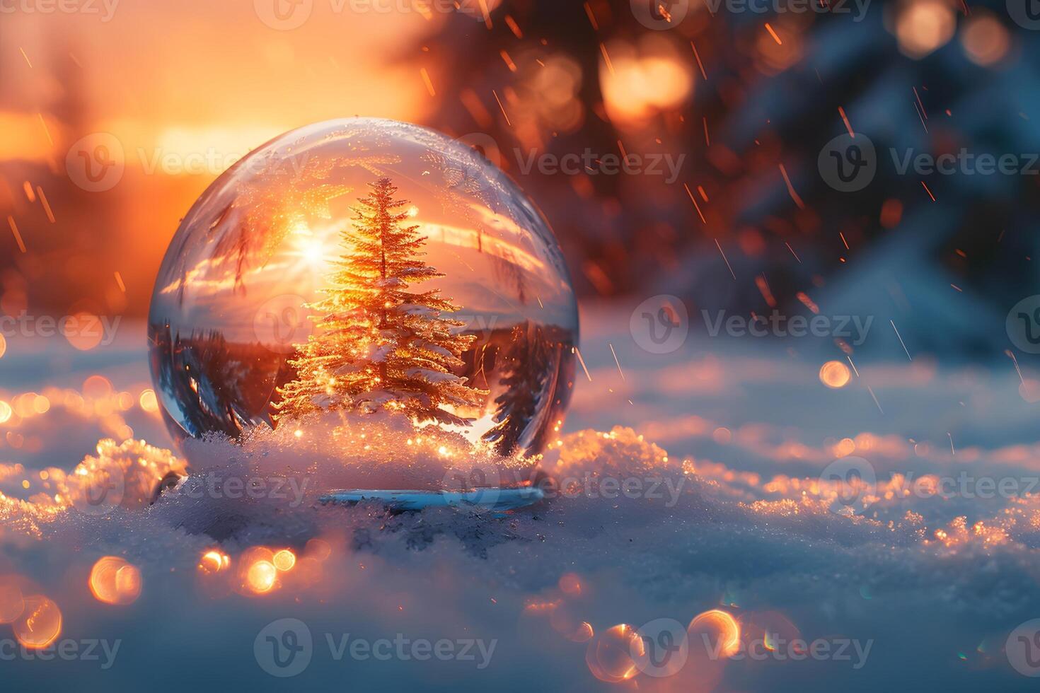 Winter Magic Sunset Illuminated Snowy Landscape with Glass Sphere Reflection photo