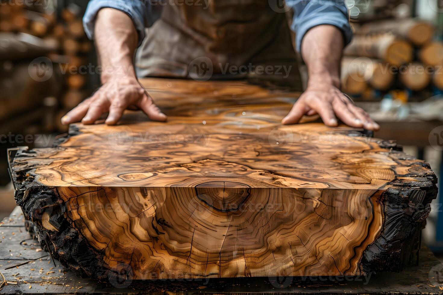 Craftsman Woodworking with Polished Live Edge Slab in Workshop photo