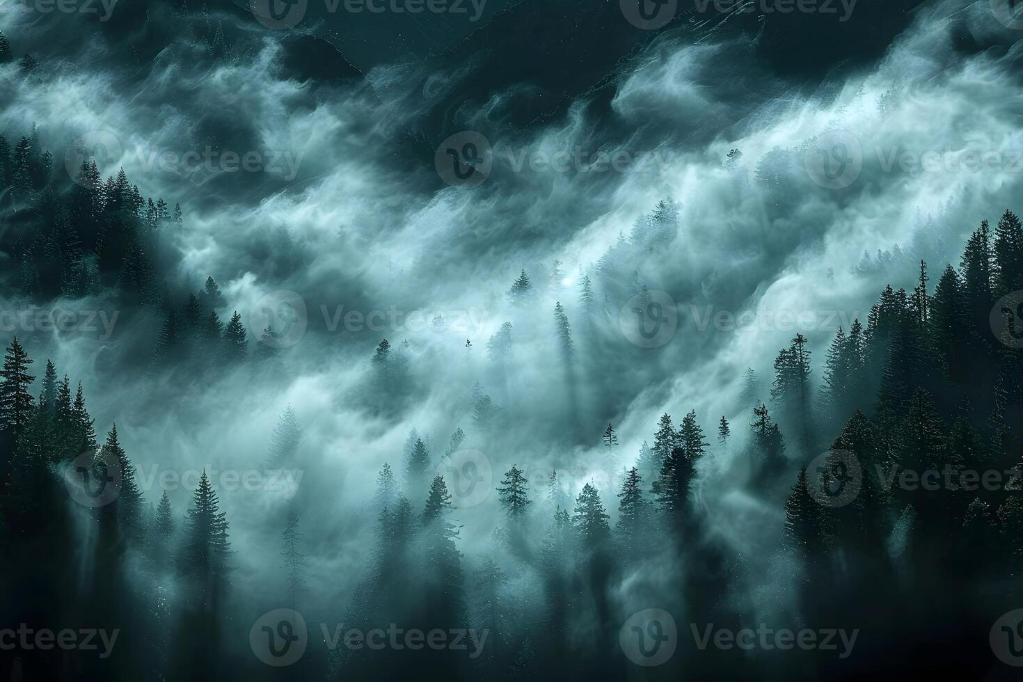 Enchanting Fog Over a Mystical Pine Forest in a Mountain Landscape photo