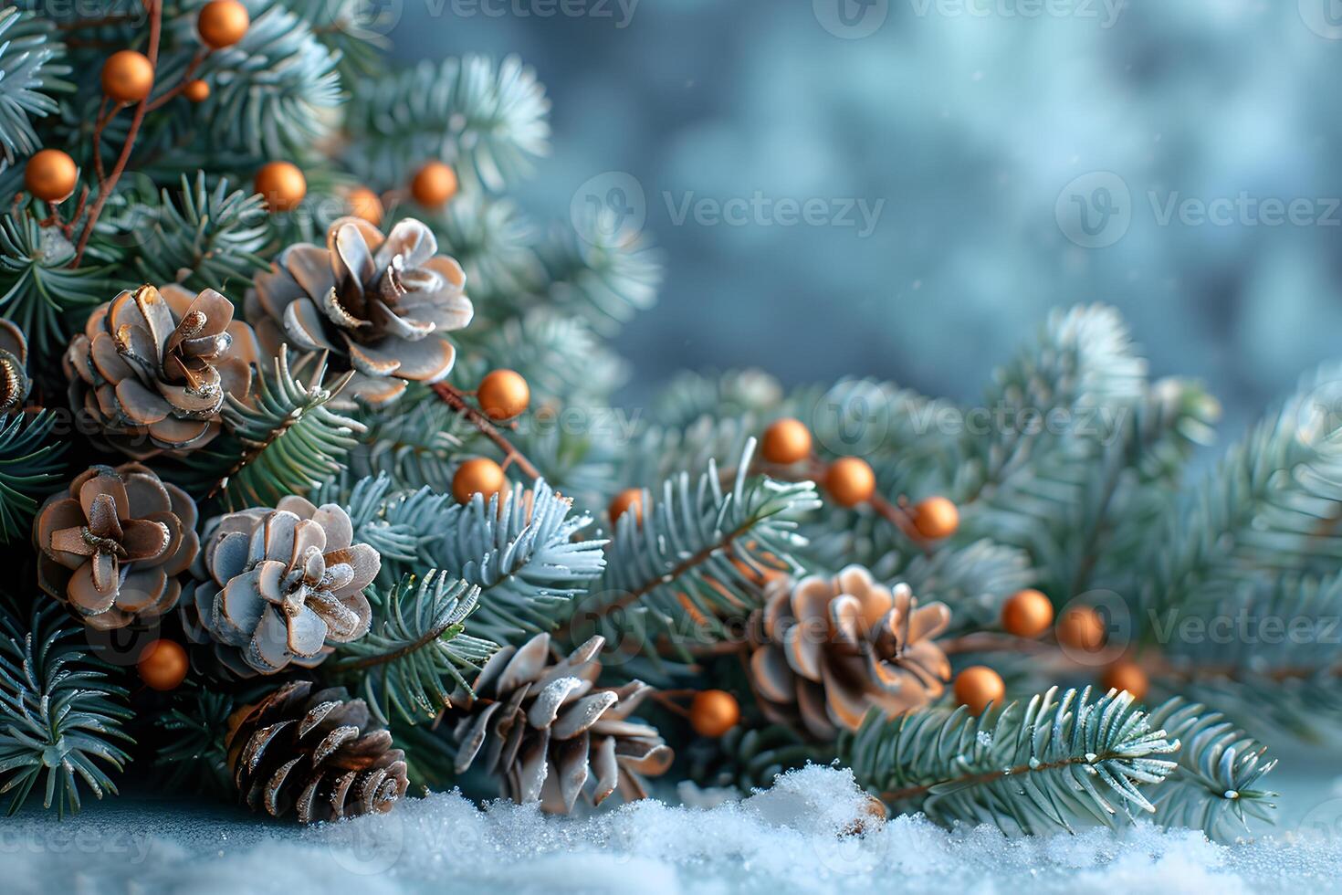 Christmas Pine Branches with Pinecones and Berries in Snowy Winter Scene photo