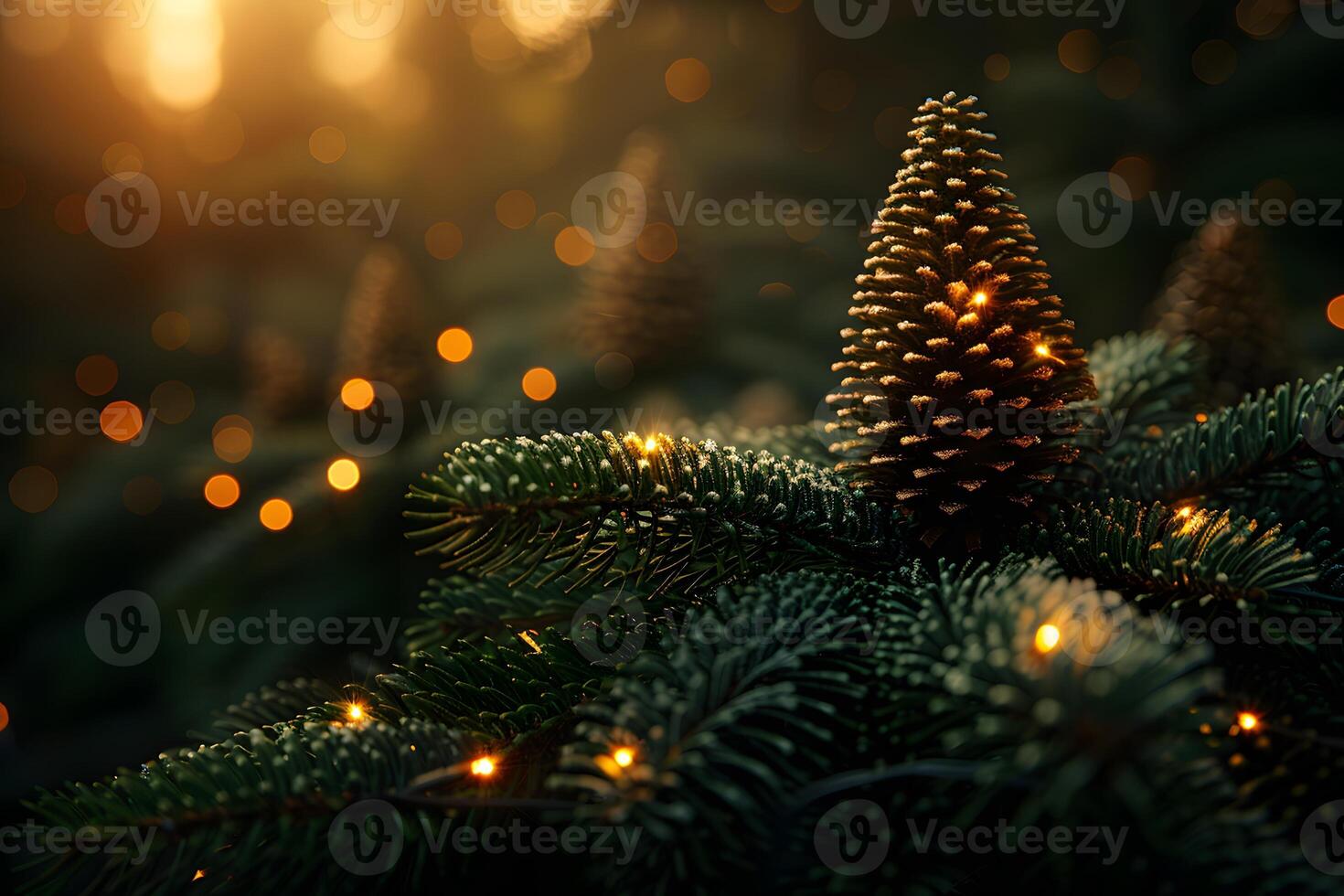 Festive Pine Cone and Evergreen Branch with Warm Holiday Lights in Bokeh Glow photo