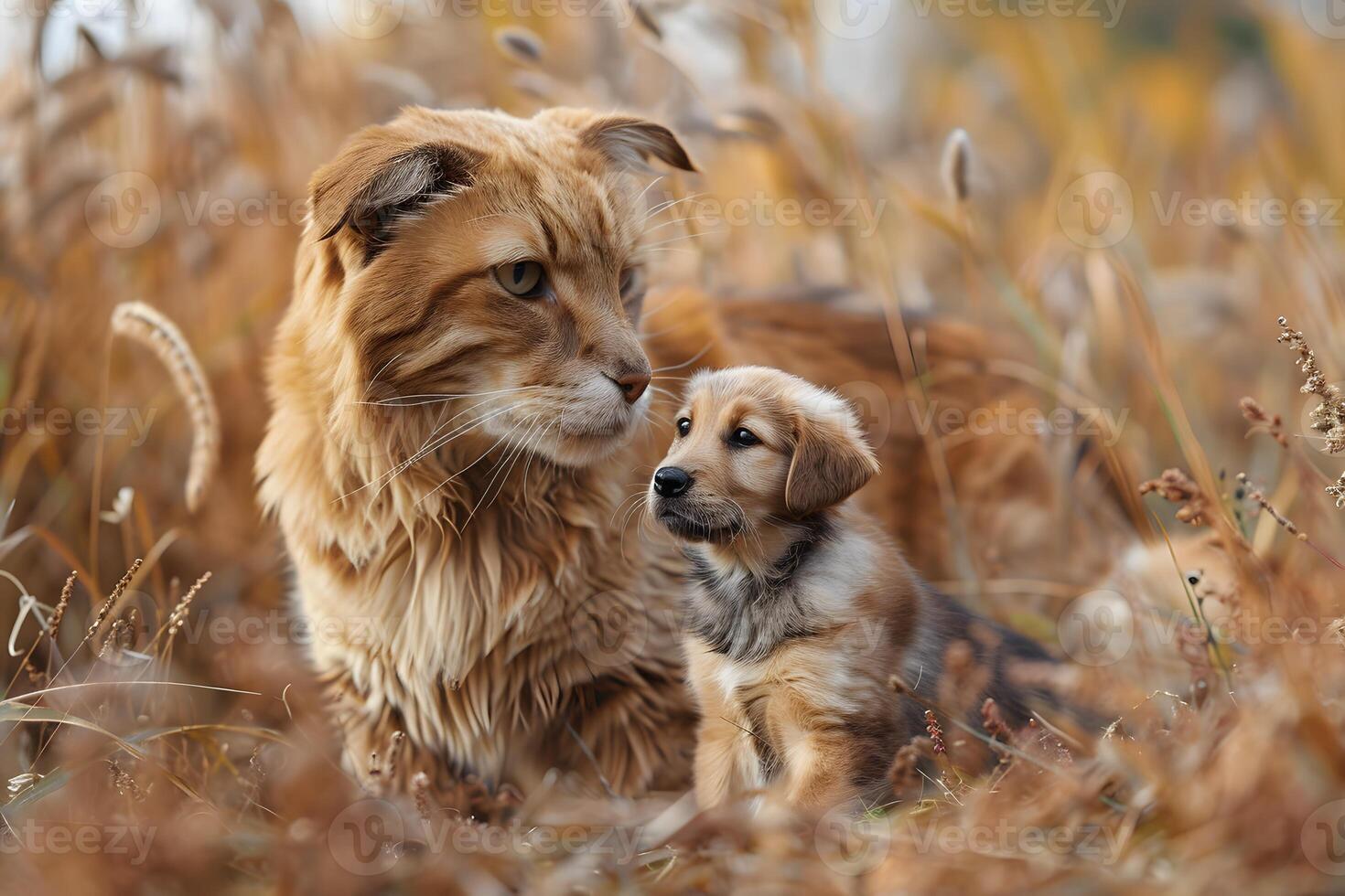 Adorable Kitten and Puppy Bonding in Autumn Fields - Warm Colors and Natural Serenity photo