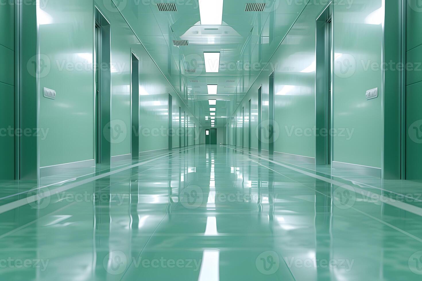 Modern Hospital Corridor with Bright Lighting and Reflective Surfaces for Healthcare Design photo