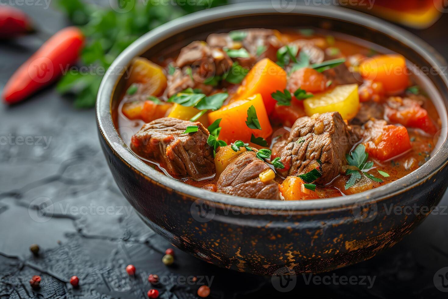 Hearty Beef Stew with Vegetables in Rustic Bowl for Comfort Food Lovers photo