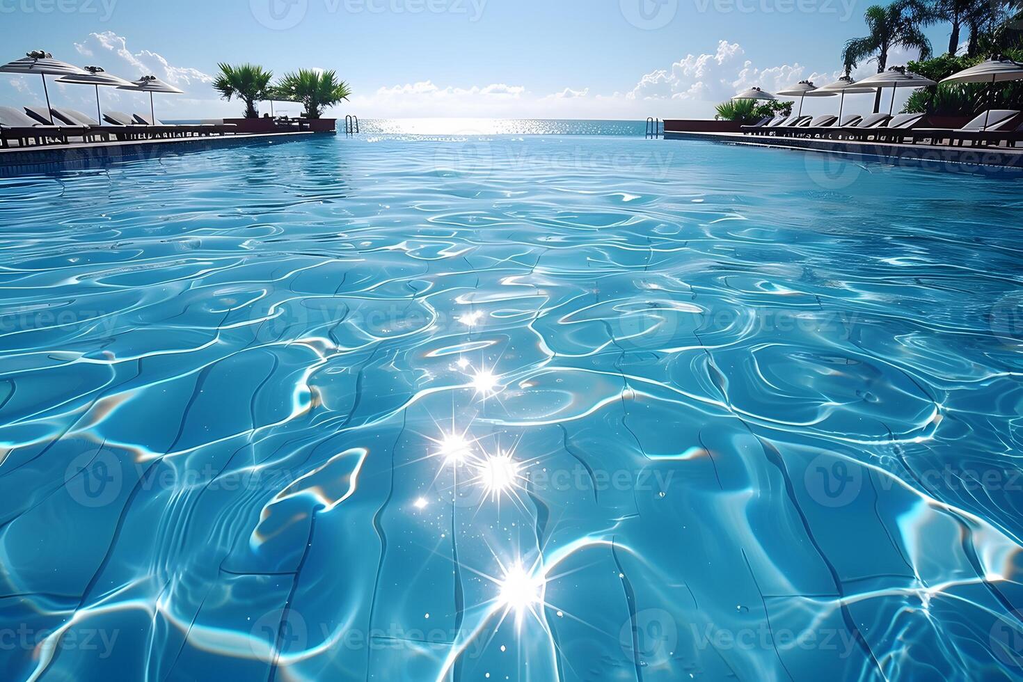 Tranquil Infinity Pool Scene Under Bright Sunlight for Relaxation and Escape photo