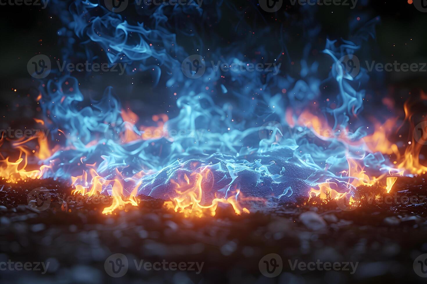 Mesmerizing Interaction of Blue and Orange Flames in a Nighttime Mystical Fire Display photo
