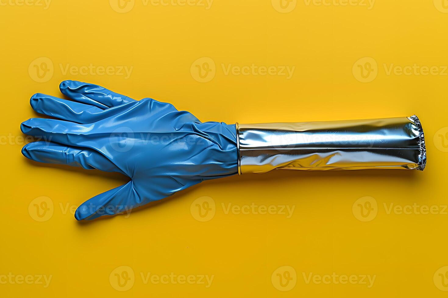 Futuristic Blue Glove on Yellow Background - Modern Industrial Design photo