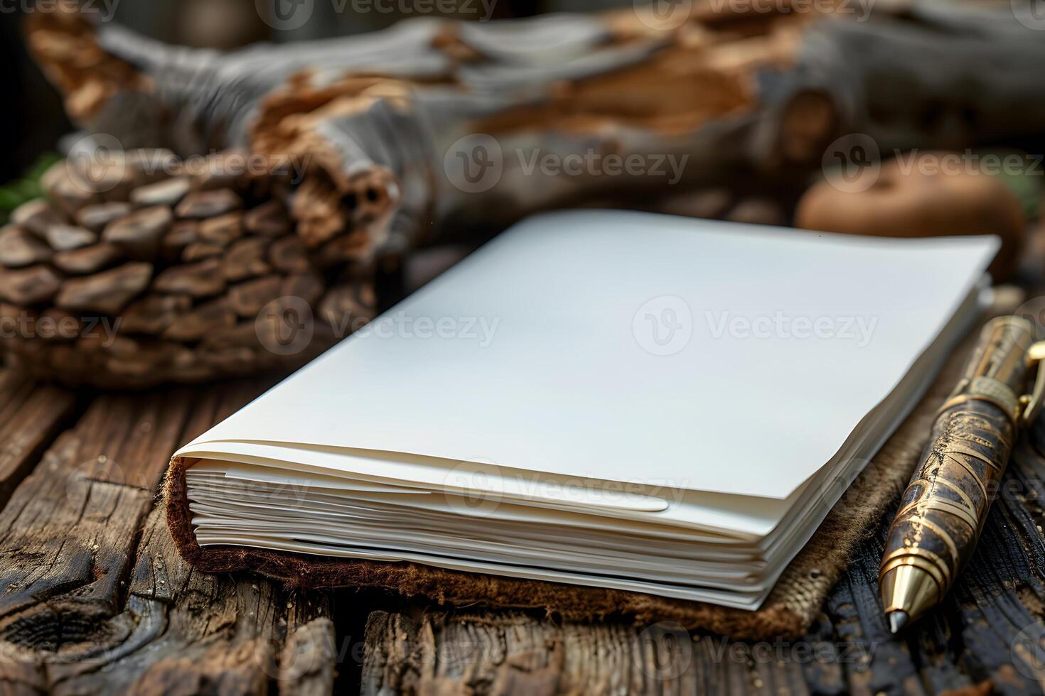 Rustic Writing Inspiration with Blank Journal and Pen on Weathered Wood photo
