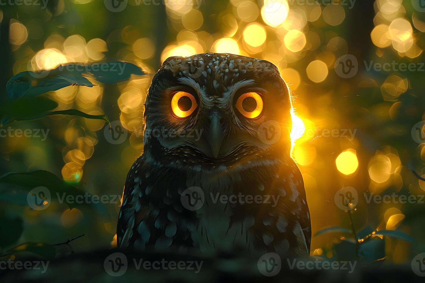 Enchanting Owl Silhouette at Twilight Amidst Golden Forest Glow photo