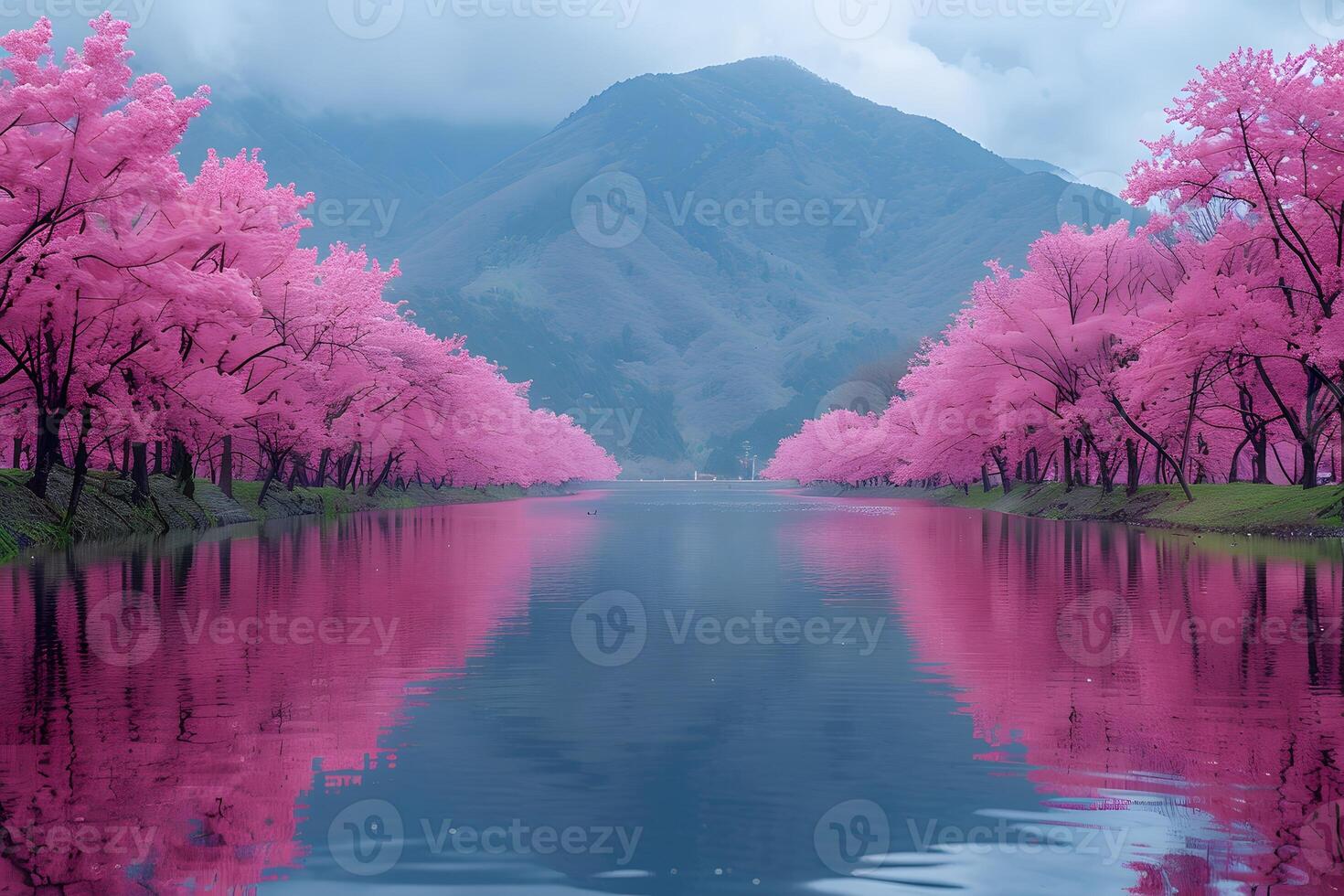 Serene Spring Landscape with Cherry Blossoms and Mountain Reflections photo