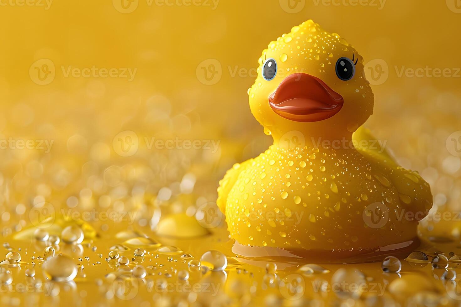 Cheerful Yellow Rubber Duck Surrounded by Water Droplets on Vibrant Background photo