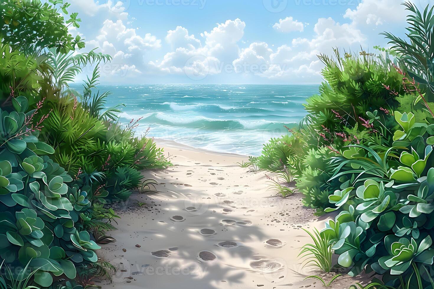 Tropical Beach Pathway to Serene Ocean Horizon for Nature Relaxation Designs photo