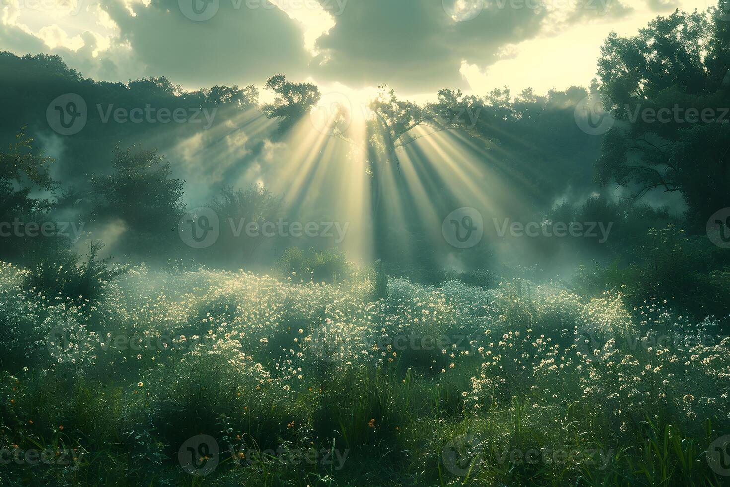 Sunlit Forest Landscape with Morning Mist and Wildflowers photo