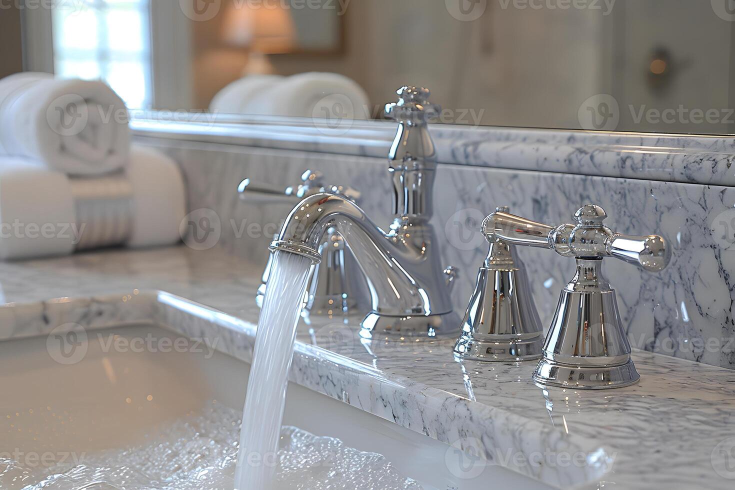 Luxurious Bathroom Sink with Flowing Water and Marble Countertop photo