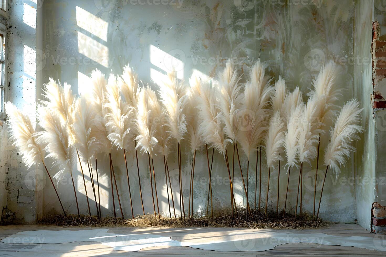 Elegant Sunlit Pampas Grass Arrangement in Rustic Vintage Setting for Interior Design photo
