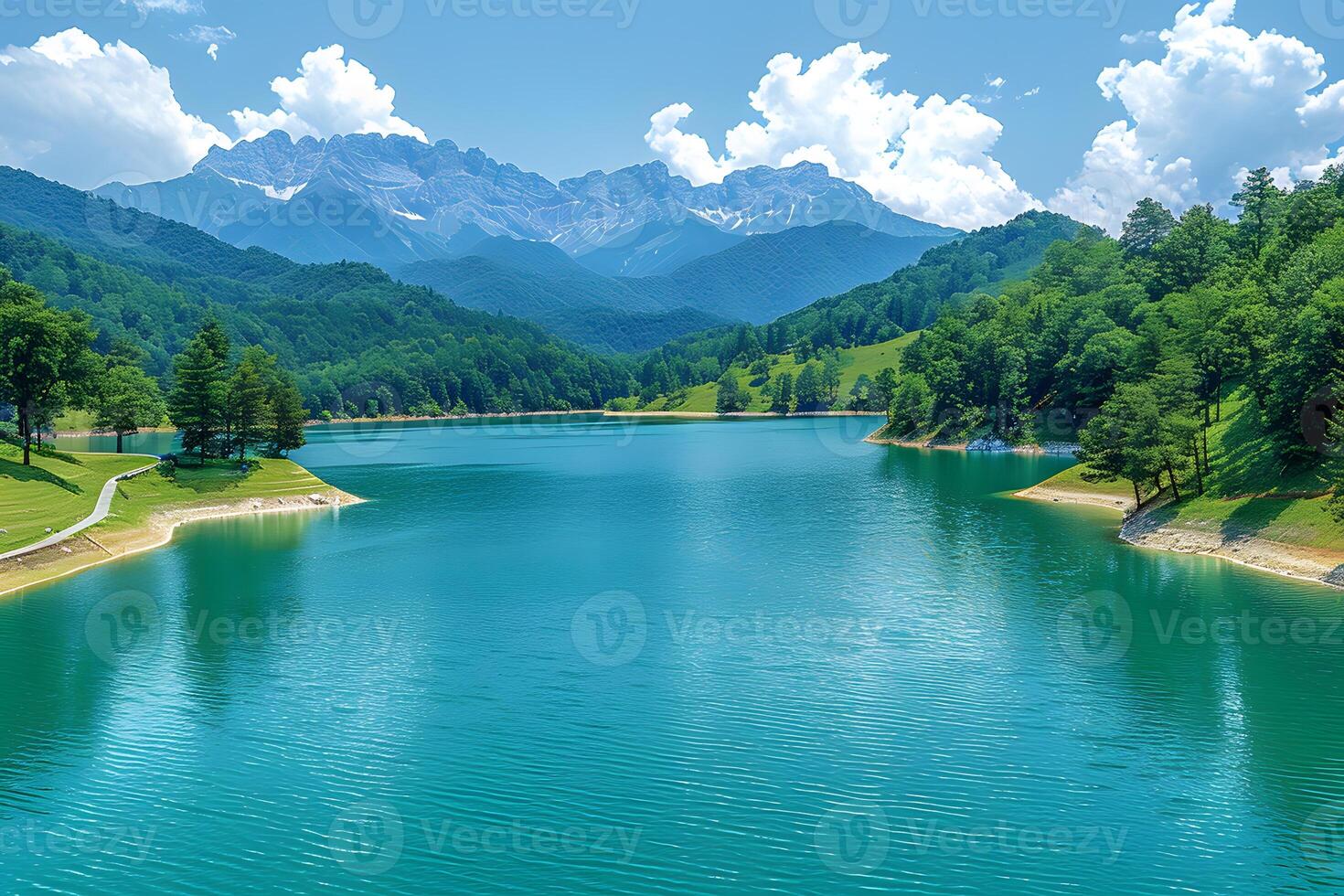 Serene Mountain Lake with Lush Forests and Clear Blue Sky photo