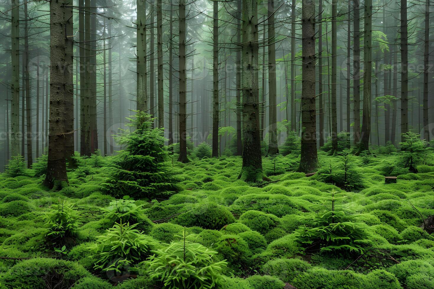 Serene Misty Forest with Lush Green Moss and Tall Pine Trees photo