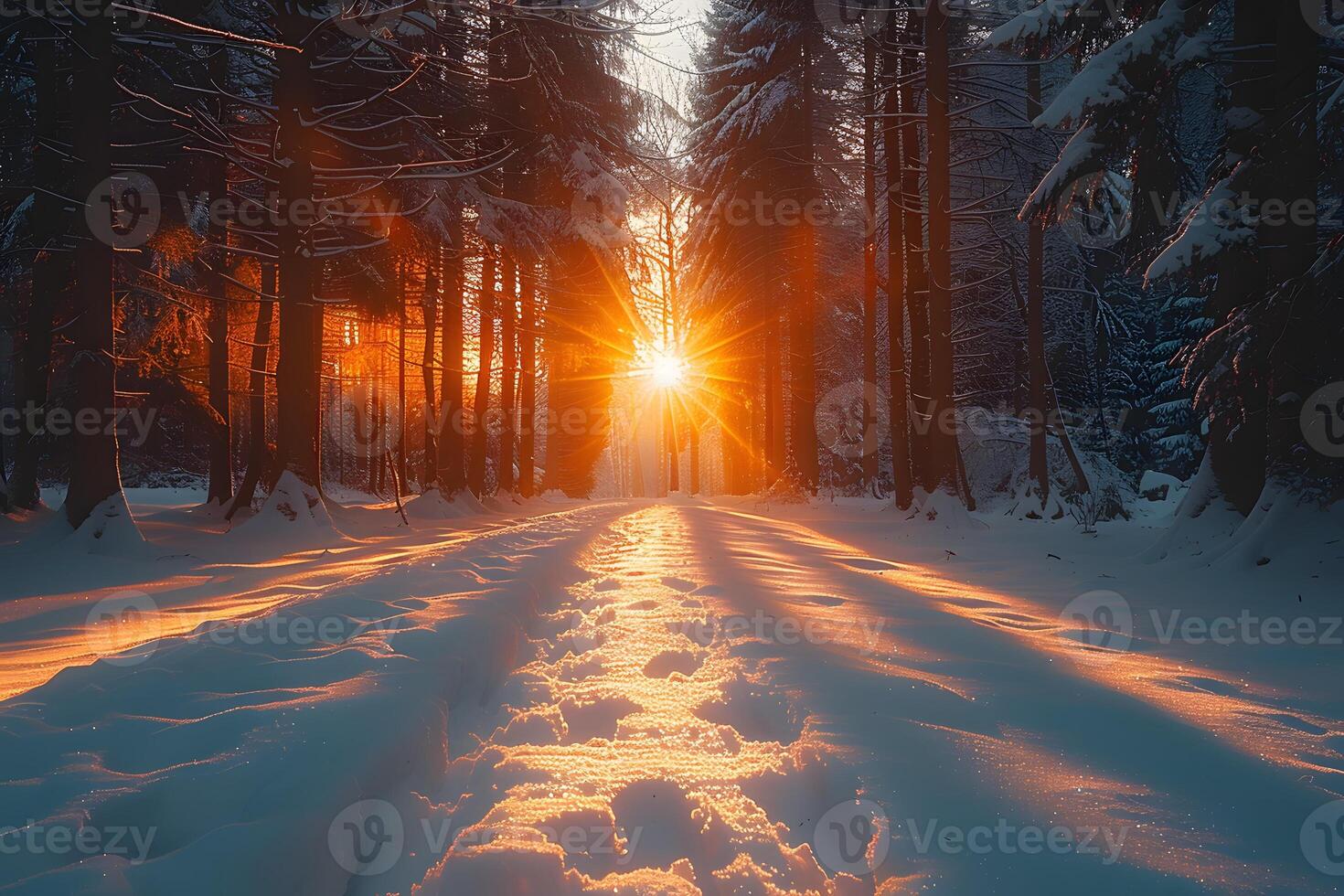 Majestic Winter Sunrise Through Snowy Forest Pathway photo