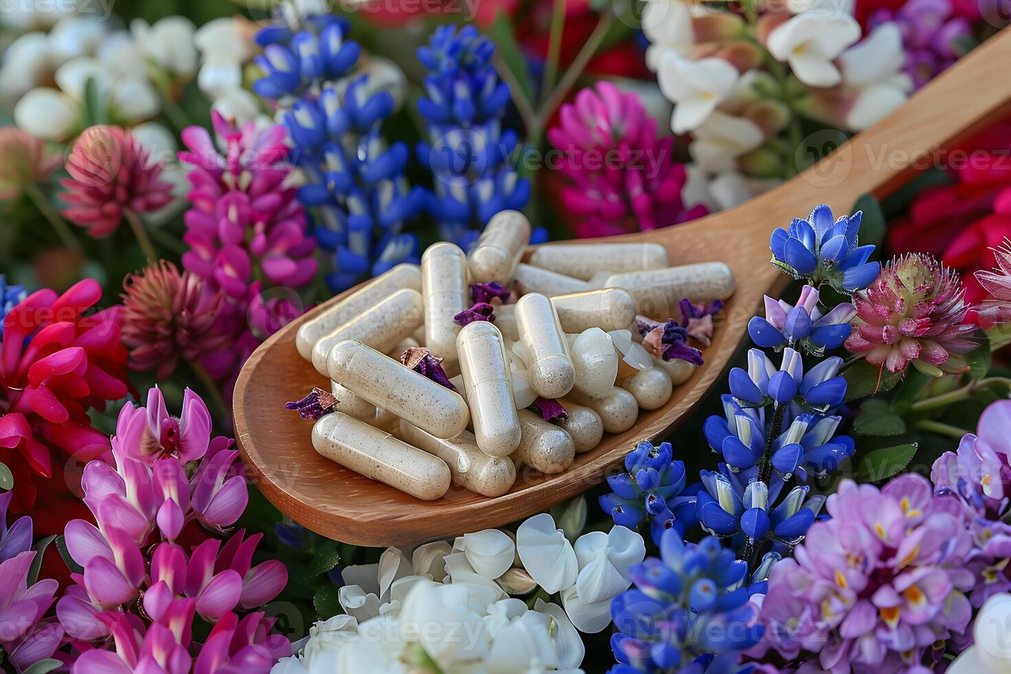 Herbal Supplements on Wooden Spoon Surrounded by Vibrant Flowers for Natural Wellness Theme photo