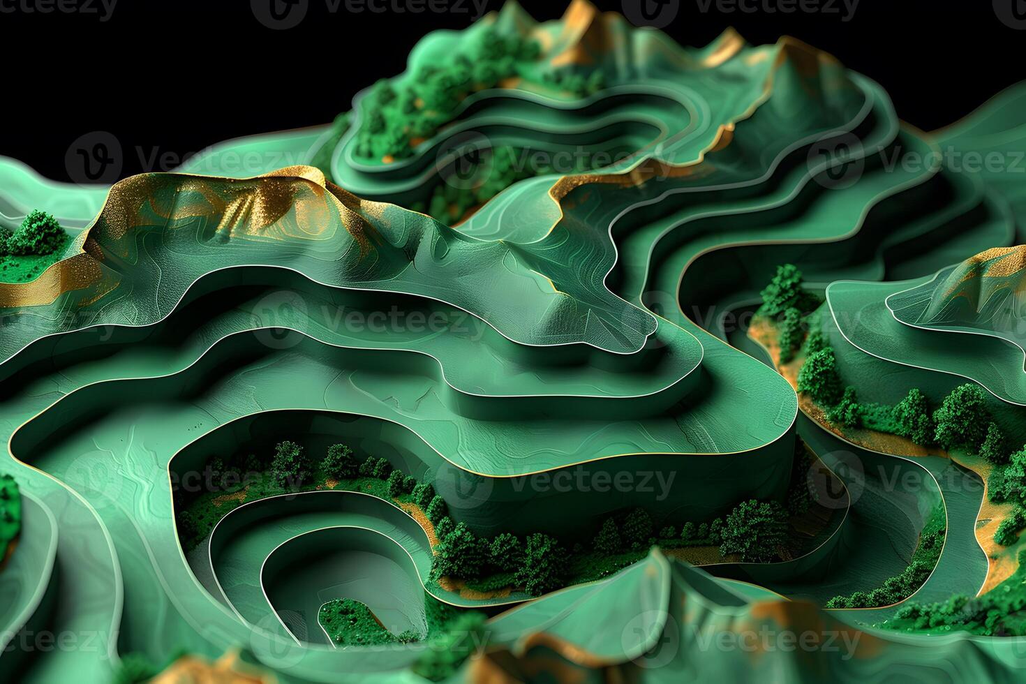 Abstract Green Topographic Model with Curved Layers and Tree Details photo