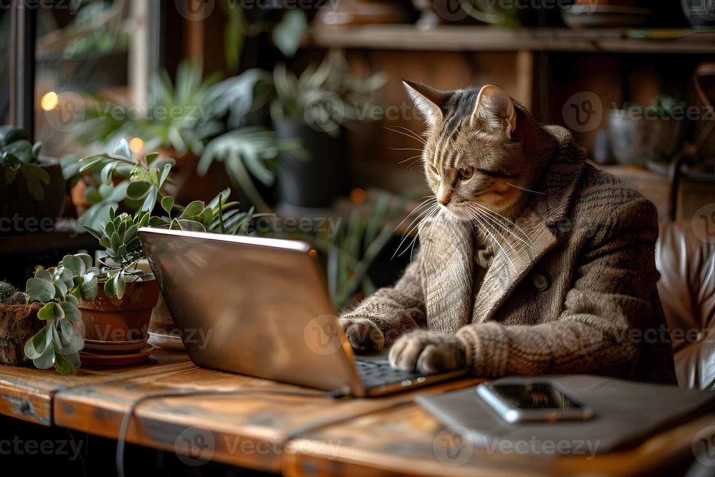 Stylish Cat Working on Laptop Amid Indoor Plants in Cozy Study photo